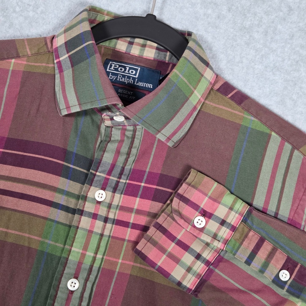 Polo Ralph Lauren Men Small Regent Classic Fit Plaid Shirt Maroon Long Sleeve